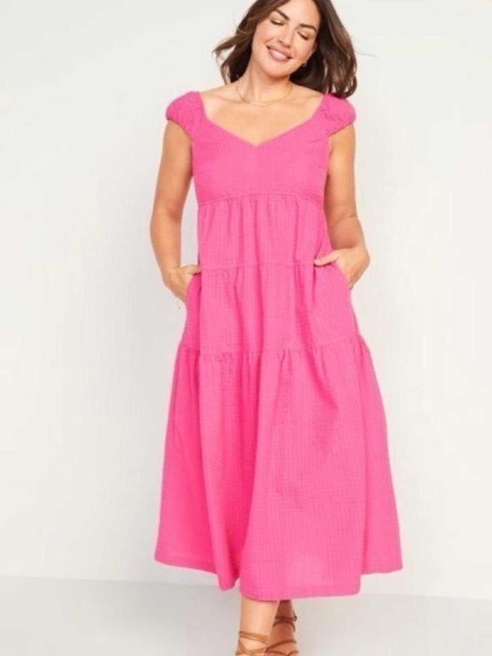 OLD NAVY Tiered Pink Maxi Dress Large TALL Countrycore Cottage Praire Pockets